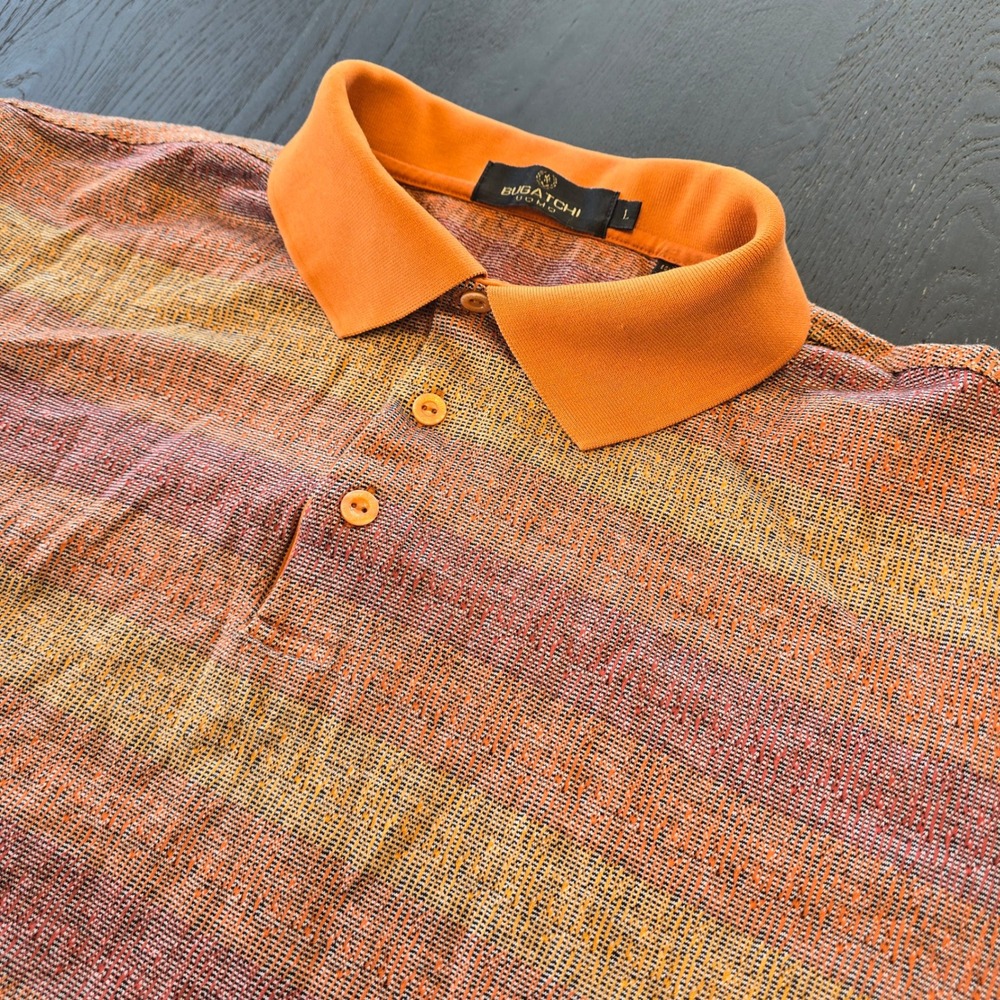 Bugatchi Uomo Mens Large‎ Polo Shirt Orange Striped Mercerized Egyptian Cotton L
